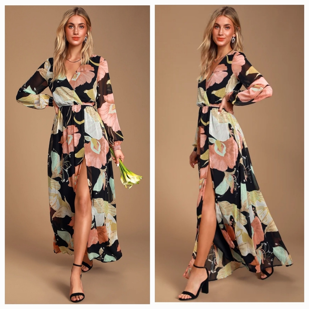 Lulus-Wondrous Water Lilies Black Floral Print Maxi Dress